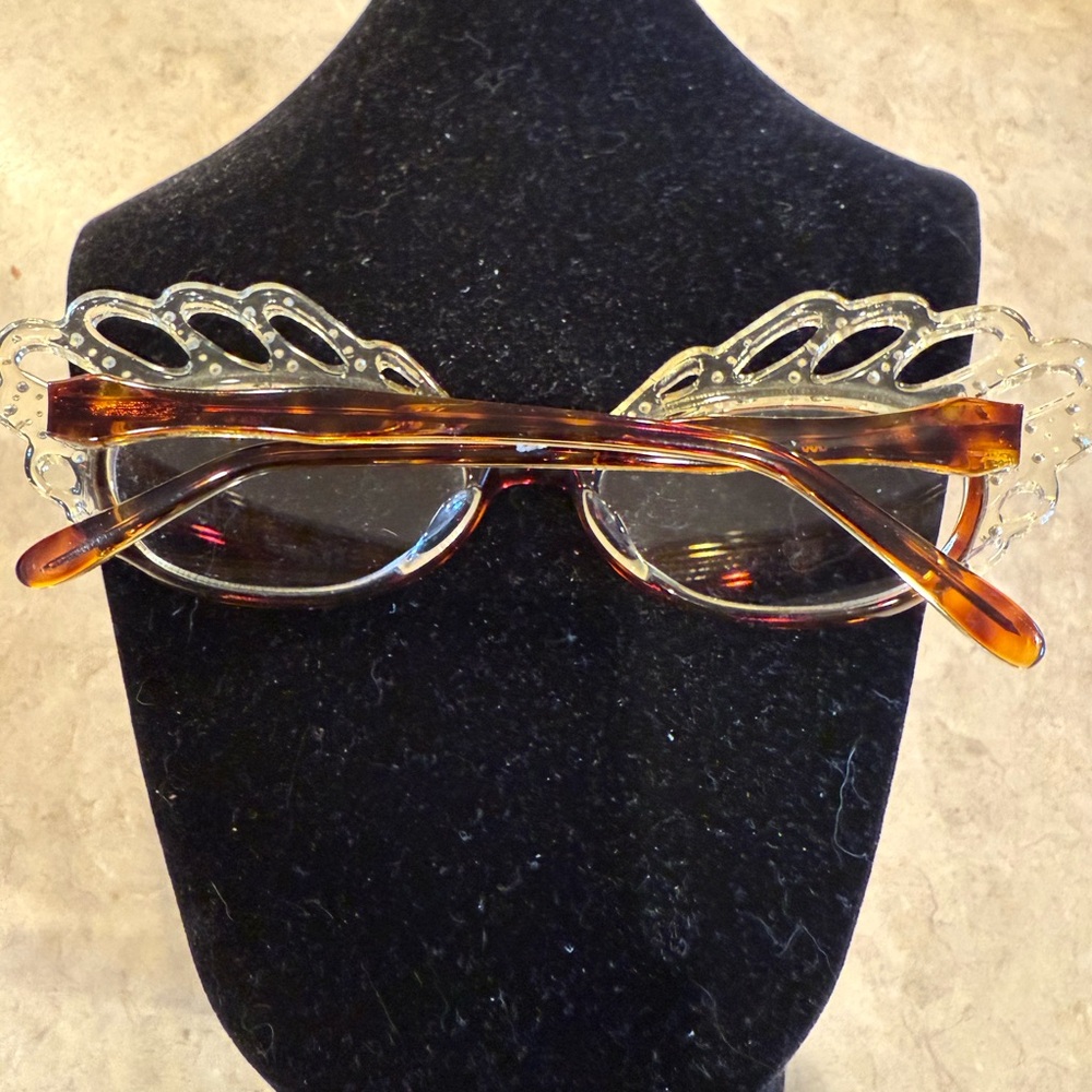 Vintage Francis Klein Brown and Gold Semi-Rimless Glasses with Ornate Design